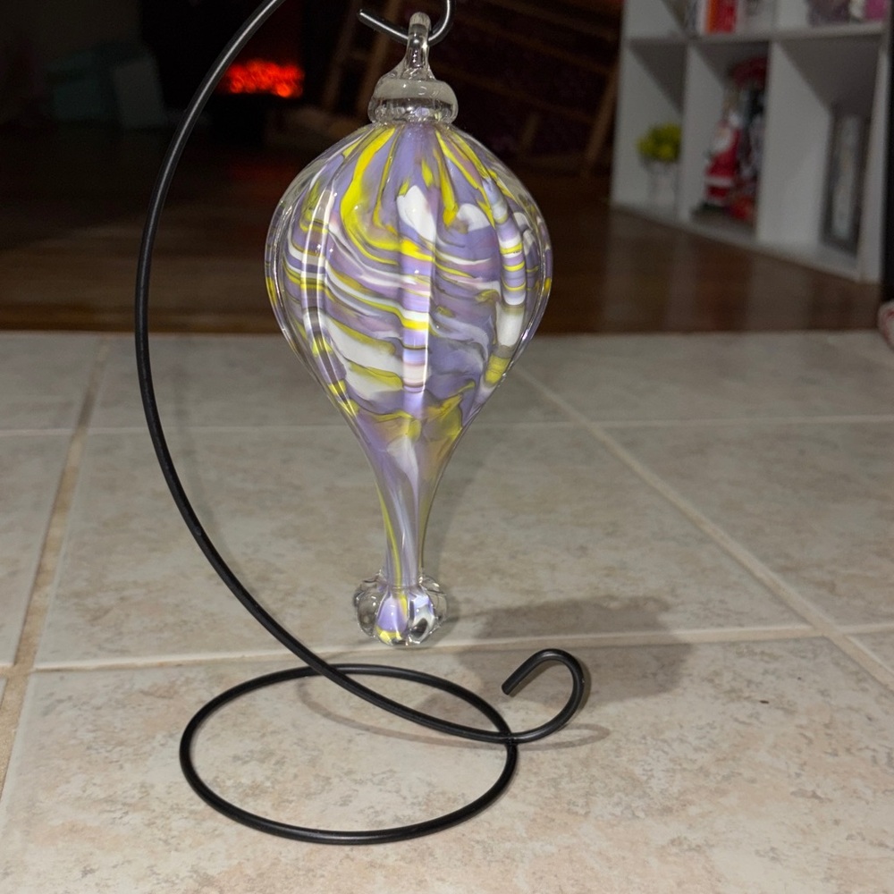 Handcrafted Swirl Glass Ornament - Purple and Yellow